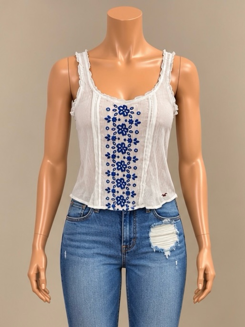 Hollister White Blue Floral Embroidered Ruffle Boho Tank Top XS NWOT